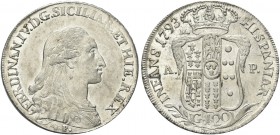 NAPOLI. Ferdinando IV (I) di Borbone, 1759-1816. Piastra da 120 Grana 1793 sigle m/AP. Ag gr. 27,18 Simile al precedente. Pannuti Riccio 57; Gig. 56....