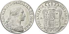 NAPOLI. Ferdinando IV (I) di Borbone, 1759-1816. Piastra da 120 Grana 1794 sigle m/AP. Ag gr. 27,33 Simile al precedente. Pannuti Riccio 58; Gig. 57....
