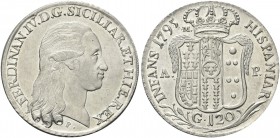 NAPOLI. Ferdinando IV (I) di Borbone, 1759-1816. Piastra da 120 Grana 1795 sigle m/AP. Ag gr. 27,44 Dr. FERDINAN IV D G SICILIAR ET HIE REX. Testa nud...