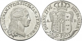 NAPOLI. Ferdinando IV (I) di Borbone, 1759-1816. Piastra da 120 Grana 1796 sigle m/AP. Ag gr. 27,40 Simile al precedente. Pannuti Riccio 62; Gig. 61....