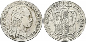 NAPOLI. Ferdinando IV (I) di Borbone, 1759-1816. Piastra da 120 Grana 1799 sigle m/AP. Ag gr. 27,18 Simile al precedente. Pannuti Riccio 1; Gig. 63.
...