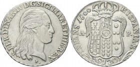 NAPOLI. Ferdinando IV (I) di Borbone, 1759-1816. Piastra da 120 Grana 1800 sigle m/AP. Ag gr. 26,28 Simile al precedente. Pannuti Riccio 2; Gig. 64; M...