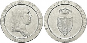 NAPOLI. Ferdinando IV (I) di Borbone, 1759-1816. Piastra da 120 Grana 1805, capelli lisci, sigle piccole e vicine. Ag gr. 27,50 Dr. Busto drappeggiato...