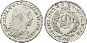 NAPOLI. Ferdinando IV (I) di Borbone, 1759-1816. Tarì da 20 Grana 1792. Ag gr. 4,54 Dr. FERDINAN IV SICILIAR ET HIE REX. Busto a d.; sotto, P. Rv. HIS...