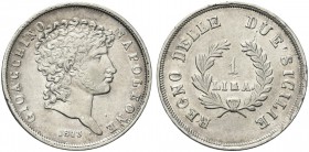 NAPOLI. Gioacchino Napoleone Murat, 1808-1815. Lira 1813. Ag Simile al precedente. Pag. 62; Gig. 16; MIR 443/1.
Rara. SPL