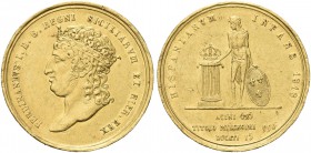 NAPOLI. Ferdinando IV (I) di Borbone, 1816-1825. 15 Ducati 1818. Au Dr. Testa coronata a s. Rv. Genio borbonico alato stante verso s., poggia la mano ...