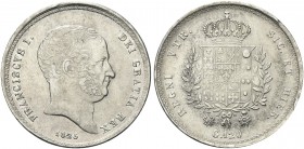 NAPOLI. Francesco I di Borbone, 1825-1830. Piastra da 120 Grana 1825. Ag gr. 27,42 Dr. Testa nuda a d.; sotto, la data. Rv. Stemma coronato tra due ra...