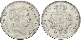 NAPOLI. Francesco I di Borbone, 1825-1830. Piastra da 120 Grana 1828. Ag gr. 27,41 Simile al precedente. Pannuti Riccio 10; Pag. 113; Gig. 10.
Molto ...