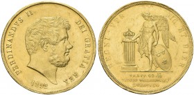 NAPOLI. Ferdinando II di Borbone, 1830-1859. 30 Ducati 1852 - IV Tipo. Au Simile al precedente. Pag. 143a; Pannuti Riccio 13; Gig. 13.
Raro. Traccia ...