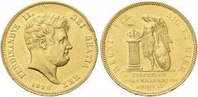 NAPOLI. Ferdinando II di Borbone, 1830-1859. 15 Ducati 1850. Au Dr. Testa nuda e barbuta a d. Rv. Genio borbonico alato stante verso s., poggia la man...