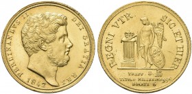 NAPOLI. Ferdinando II di Borbone, 1830-1859. 6 Ducati 1842. Au Simile al precedente. Pannuti Riccio 30; Pag. 163; Gig. 30; Fried. 869.
Raro. Più che ...