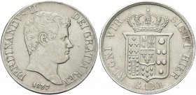 NAPOLI. Ferdinando II di Borbone, 1830-1859. Piastra da 120 Grana 1837. Ag Simile al precedente. Pannuti Riccio 62; Gig. 62; MIR 500/2.
Rara. Colpett...