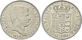 NAPOLI. Ferdinando II di Borbone, 1830-1859. Piastra da 120 Grana 1839. Ag Simile al precedente. Pannuti Riccio 64; Gig. 64; MIR 500/5.
Rara. Piacevo...