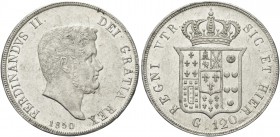 NAPOLI. Ferdinando II di Borbone, 1830-1859. Piastra da 120 Grana 1850. Ag Simile al precedente. Pannuti Riccio 77; Gig. 79; MIR 501/13.
Piacevole. S...