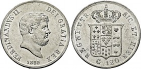 NAPOLI. Ferdinando II di Borbone, 1830-1859. Piastra da 120 Grana 1855. Ag Simile al precedente. Pannuti Riccio 84; Gig. 86; MIR 503/4.
q. FDC