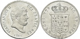 NAPOLI. Ferdinando II di Borbone, 1830-1859. Piastra da 120 Grana 1857. Ag Simile al precedente. Pannuti Riccio 86; Gig. 88; MIR 503/6.
q. FDC
Numer...