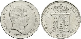 NAPOLI. Ferdinando II di Borbone, 1830-1859. Mezza Piastra da 60 Grana 1836. Ag Simile al precedente. Pannuti Riccio 94; Gig. 96; MIR 505/1.
Bel BB