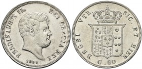 NAPOLI. Ferdinando II di Borbone, 1830-1859. Mezza Piastra da 60 Grana 1851. Ag Simile al precedente. Pannuti Riccio 106; Gig. 108; MIR 507/4.
Rara. ...