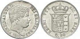 NAPOLI. Ferdinando II di Borbone, 1830-1859. Tarì da 20 Grana 1835. Ag Simile al precedente. Pannuti Riccio 118; Gig. 120; MIR 508/4.
Raro. q. FDC