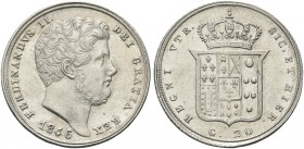 NAPOLI. Ferdinando II di Borbone, 1830-1859. Tarì da 20 Grana 1846, data ribattuta. Ag Simile al precedente. Pannuti Riccio 129; Gig. 131var; MIR 509/...