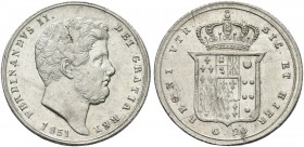 NAPOLI. Ferdinando II di Borbone, 1830-1859. Tarì da 20 Grana 1851. Ag Simile al precedente. Pannuti Riccio 133; Gig. 135; MIR 509/11.
Raro. q. FDC