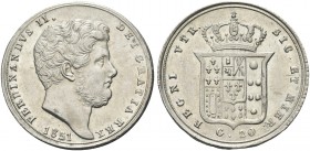 NAPOLI. Ferdinando II di Borbone, 1830-1859. Tarì da 20 Grana 1851. Ag Simile al precedente. Pannuti Riccio 133; Gig. 135; MIR 509/11.
Raro. FDC
Il ...