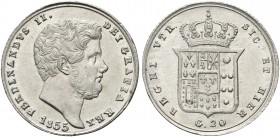 NAPOLI. Ferdinando II di Borbone, 1830-1859. Tarì da 20 Grana 1855. Ag Simile al precedente. Pannuti Riccio 137; Gig. 139; MIR 509/16.
Raro. q. FDC
...