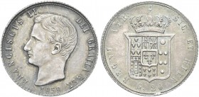 NAPOLI. Francesco II di Borbone, 1859-1860. Tarì 1859. Ag Dr. Testa nuda a s.; sotto, la data. Rv. Stemma coronato. Pannuti Riccio 3; Gig. 3.
Non Com...