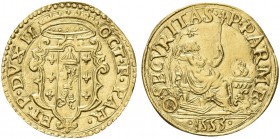 PARMA. Ottavio Farnese, 1547-1586. Scudo d'oro 1553. Au gr 3,23 Dr. OCT F PAR - ET PI DVX II. Stemma coronato. Rv. SECVRITAS - P PARME. La Sicurezza s...