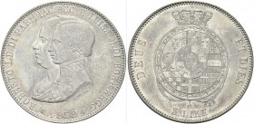 PARMA. Roberto I di Borbone con la Reggenza della madre Maria Luisa, 1854-1859. 5 Lire 1858. Ag Dr. Busti accollati a s. Rv. Stemma ovale borbonico co...