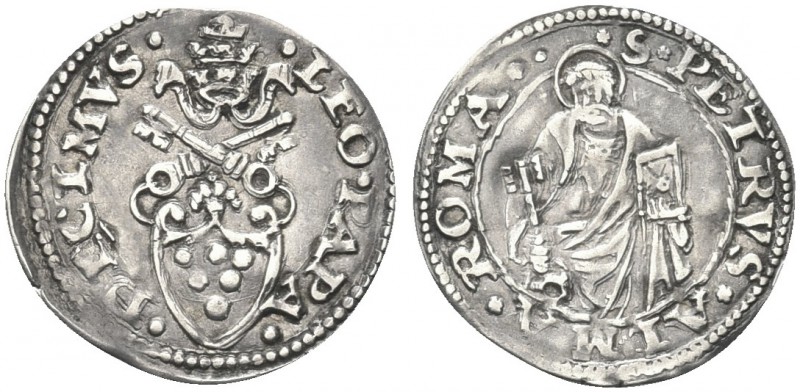 ROMA. Leone X (Giovanni de’Medici), 1513-1521. Quarto di Giulio. Ag gr. 0,94 Dr....