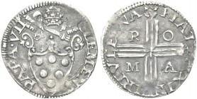 ROMA. Clemente VII (Giulio de’Medici), 1523-1534. Mezzo Giulio. Ag gr. 1,78 Dr. CLEMENS - PAPA VII. Stemma semiovale sormontato da triregno e chiavi d...