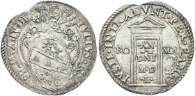 ROMA. Giulio III (Giovanni Maria Ciocchi), 1550-1555. Grosso anno santo 1550. Ag gr. 1,58 Dr. IVLIVS III - P M IVBI. Stemma ovale sormontato da trireg...
