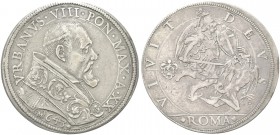 ROMA. Urbano VIII (Maffeo Vincenzo Barberini), 1623-1644. Piastra 1643 a. XX. Ag gr. 31,01 Dr. VRBANVS VIII PON MAX A XX. Busto a d., con piviale orna...