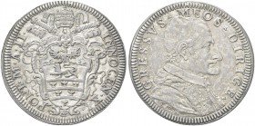 ROMA. Innocenzo XI (Benedetto Odescalchi), 1676-1689. Giulio a. II. Ag gr. 3,19 Dr. INNOCEN XI - PONT M A II. Stemma sormontato da triregno e chiavi d...