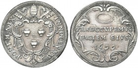 ROMA. Innocenzo XII (Antonio Pignatelli), 1691-1700. Testone 1699 a. IX. Ag gr. 9,04 Dr. INNOCEN XII - PONT M A IX. Stemma sormontato da triregno e ch...