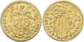 ROMA. Benedetto XIV (Prospero Lorenzo Lambertini), 1740-1758. Zecchino 1744. Au gr. 3,40 Dr. BENED XIV - P M - 1744. La Chiesa velata, col capo raggia...