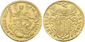 ROMA. Benedetto XIV (Prospero Lorenzo Lambertini), 1740-1758. Zecchino 1745. Au gr. 3,38 Dr. BENED XIV - P M -1745. La Chiesa velata, col capo raggian...