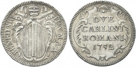 ROMA. Benedetto XIV (Prospero Lorenzo Lambertini), 1740-1758. Doppio Carlino 1752. Ag gr. 5,60 Dr. BENED XIV - PON M A X. Stemma sormontato da triregn...