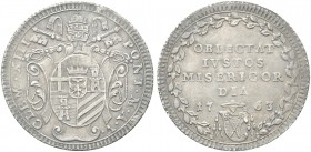 ROMA. Clemente XIII (Carlo della Torre di Rezzonico), 1758-1769. Giulio 1763 a. V. Ag gr. 2,64 Dr. CLEM XIII - PONT M A V. Stemma sormontato da trireg...
