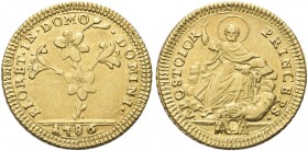 ROMA. Pio VI (Giannangelo Braschi), 1775-1799. Doppia romana 1786. Au gr. 5,44 Dr. FLORET IN DOMO - DOMINI. Pianta di giglio; in esergo,1786. Rv. APOS...