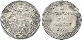 ROMA. Pio VI (Giannangelo Braschi), 1775-1799. Grosso 1777 a. III. Ag gr. 1,31 Dr. PIVS SEXTVS - PONT M A III. Stemma a targa semiovale sormontato da ...
