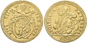 ROMA. Pio VII (Barnaba Gregorio Chiaramonti), 1800-1823. Doppia (1803-1804) a. IV. Au gr. 5,38 Dr. Stemma ovale in cornice sormontato da triregno e ch...