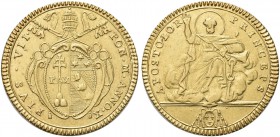 ROMA. Pio VII (Barnaba Gregorio Chiaramonti), 1800-1823. Doppia (1809-1810) a. X. Au gr. 5,38 Dr. Stemma ovale in cornice sormontato da triregno e chi...