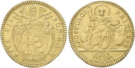 ROMA. Pio VII (Barnaba Gregorio Chiaramonti), 1800-1823. Doppia (1809-1810) a. X. Au gr. 5,40 Dr. Stemma ovale in cornice sormontato da triregno e chi...