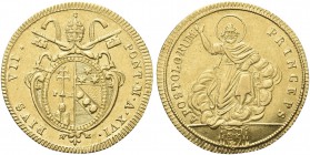 ROMA. Pio VII (Barnaba Gregorio Chiaramonti), 1800-1823. Doppia (1815-1816) a. XVI. Au gr. 5,43 Dr. Stemma ovale in cornice sormontato da triregno e c...