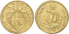 ROMA. Pio VII (Barnaba Gregorio Chiaramonti), 1800-1823. Doppia (1817-1818) a. XVIII. Au gr. 5,45 Dr. Stemma ovale in cornice sormontato da triregno e...