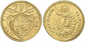 ROMA. Pio VII (Barnaba Gregorio Chiaramonti), 1800-1823. Doppia (1817-1818) a. XVIII. Au gr. 5,46 Dr. Stemma ovale in cornice sormontato da triregno e...