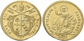 ROMA. Pio VII (Barnaba Gregorio Chiaramonti), 1800-1823. Doppia (1817-1818) a. XVIII. Au gr. 5,34 Dr. Stemma ovale in cornice sormontato da triregno e...