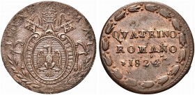 ROMA. Leone XII (Annibale Sermattei della Genga), 1823-1829. Quattrino romano 1824 a. I. Æ Dr. Stemma papale sormontato da triregno e chiavi decussate...